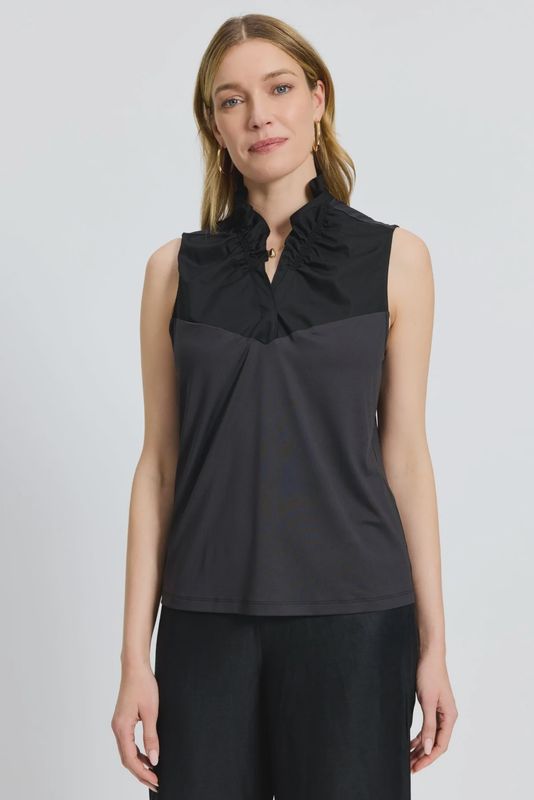 Foxcroft Black Tammy Knit-Woven Ruffle Collar Sleeveless Layering Tank