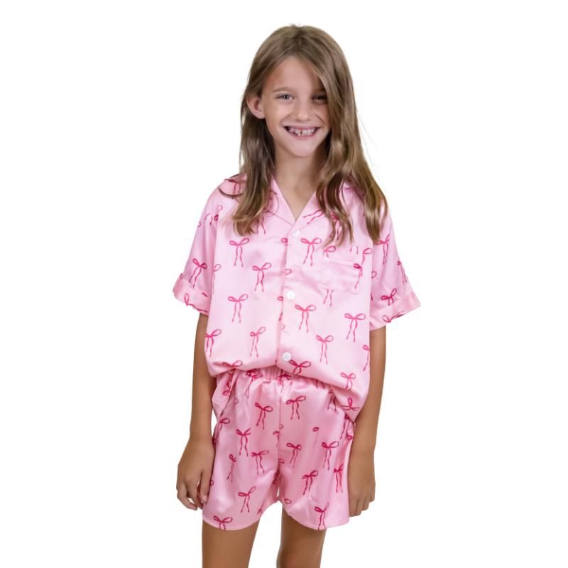 Kids &quot;Tied with A Bow&quot; Satin Pajama Short Set