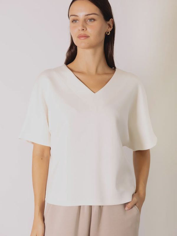 P. Cill Ivory Butter Modal V-Neck Short Sleeve Top