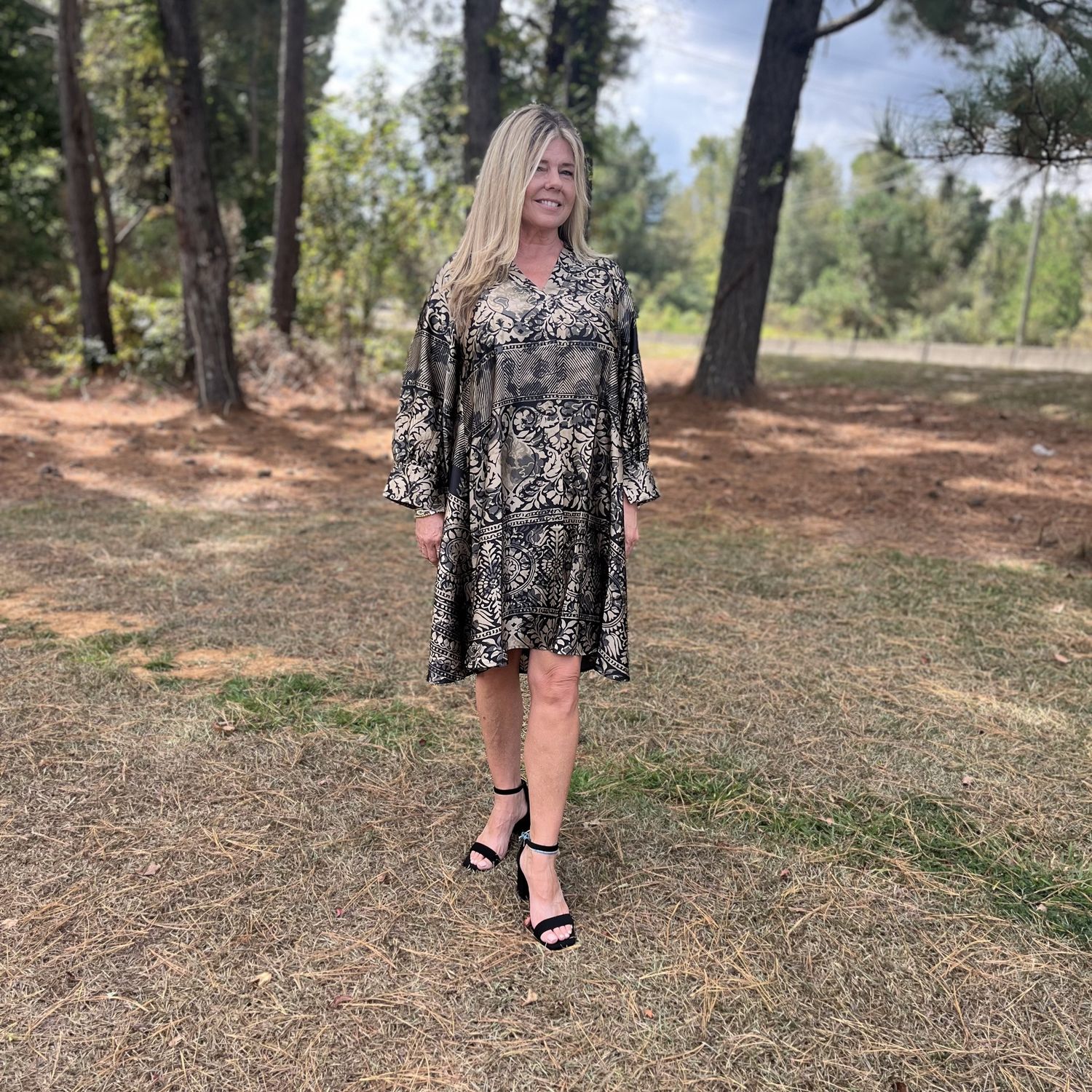 Lior Angel Black/Taupe Border Print Band Collar Knee Length Swing Dress