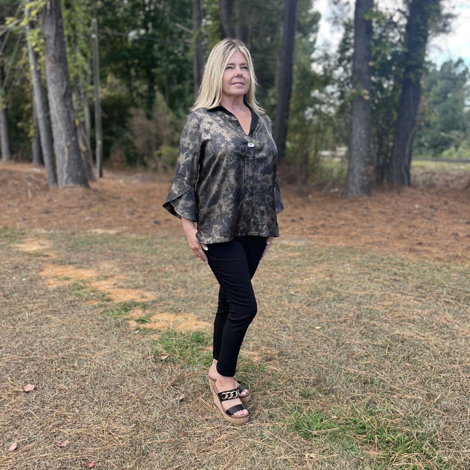 Lior Belinda Bronze Foil Tulip Sleeve Top