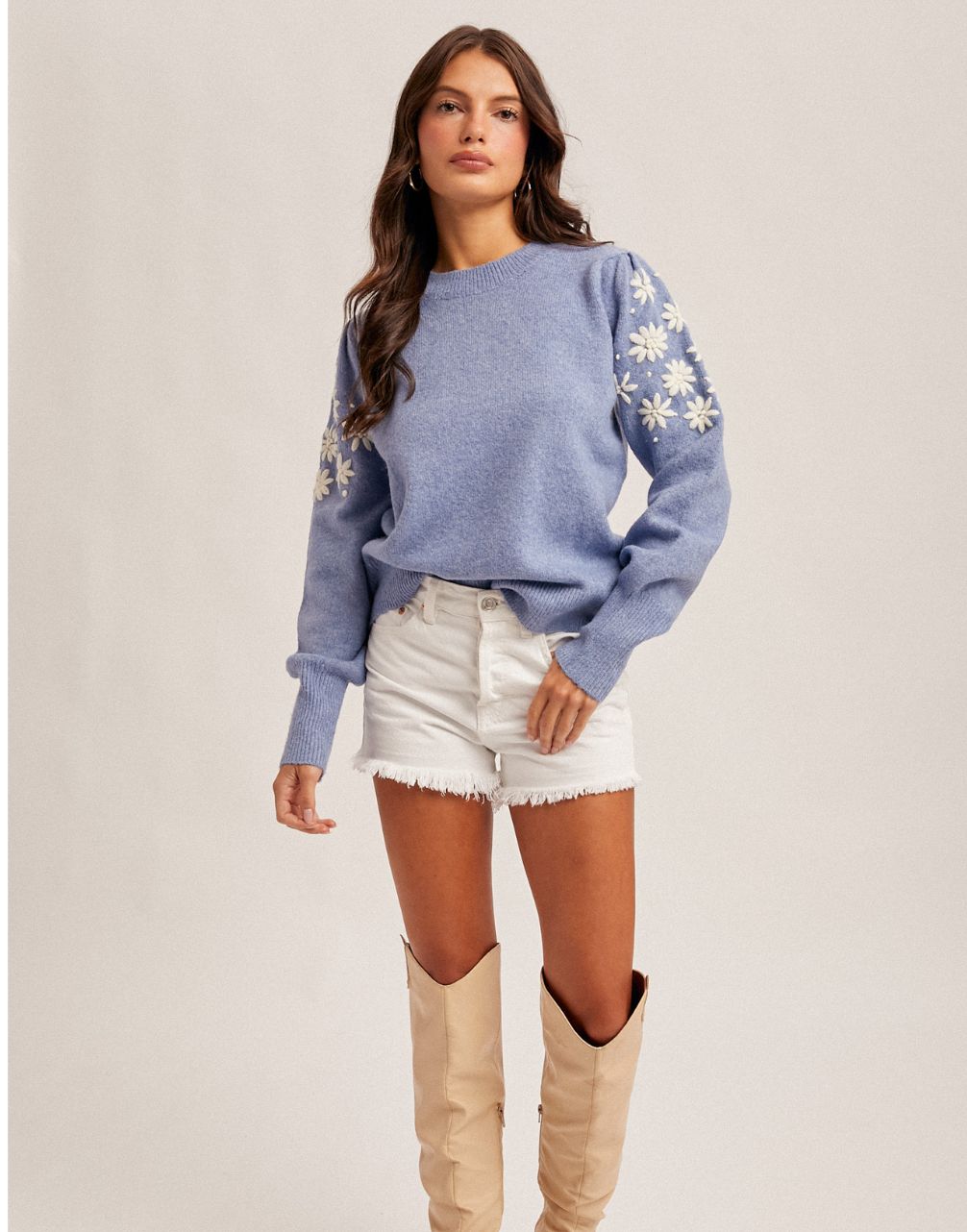 Hem &amp; Thread Blue Floral Embroidery Bubble Sleeve Sweater