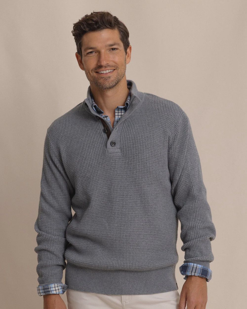 Southern Tide Men&#39;s Bass Creek Heather Quarter Button Sweater-  Heather Anchor Grey