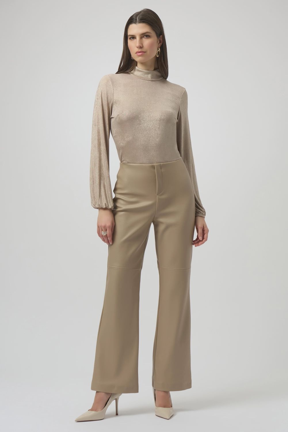 Joseph Ribkoff Foiled Knit Mock Neck Fitted Top- Beige/Gold