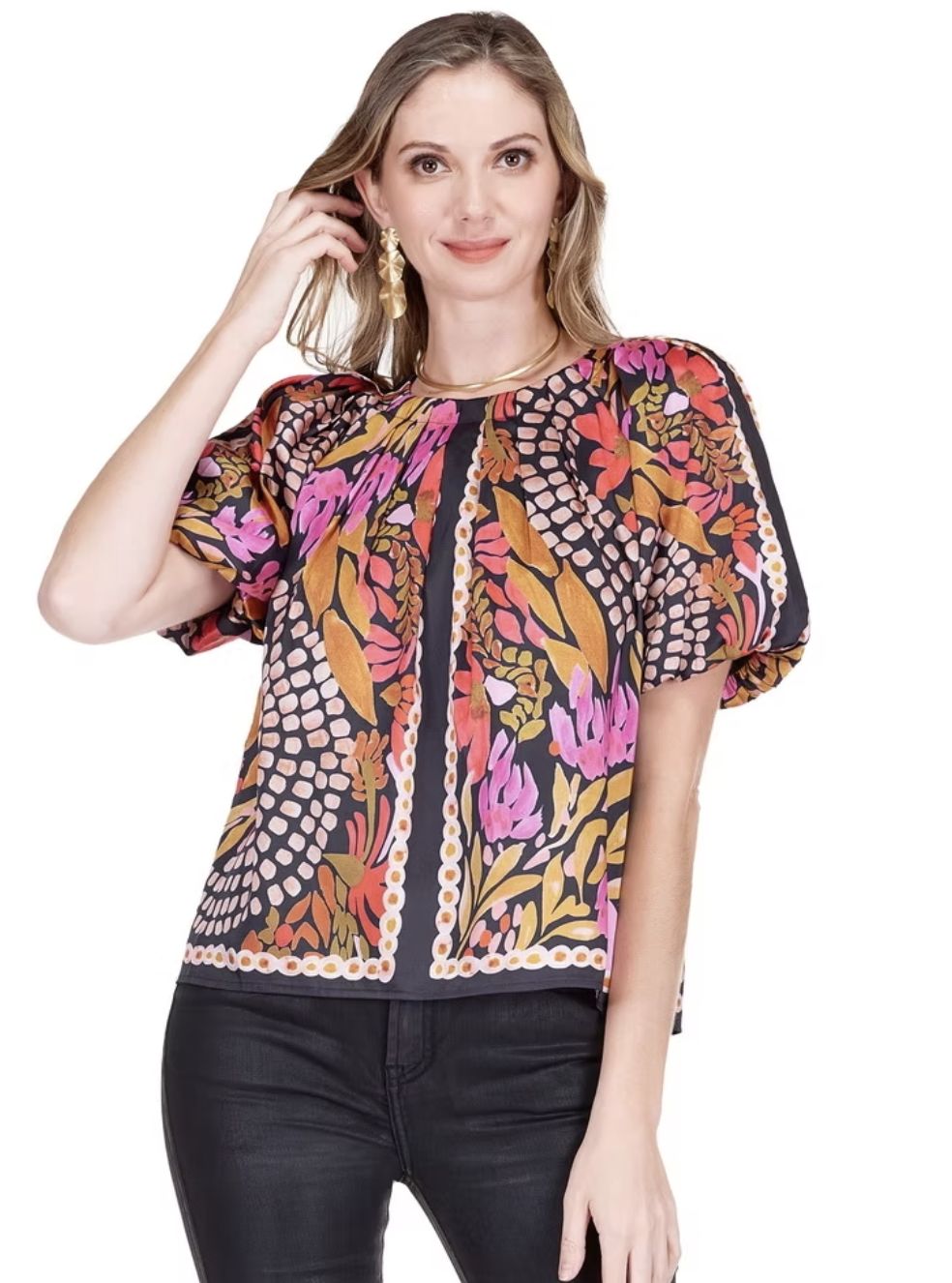 Jade Paved Petals Pleated Puff Sleeve Top