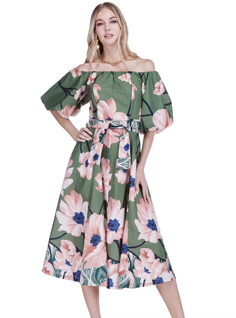 Jade Olive Bloom Off-Shoulder Flared Midi Dress