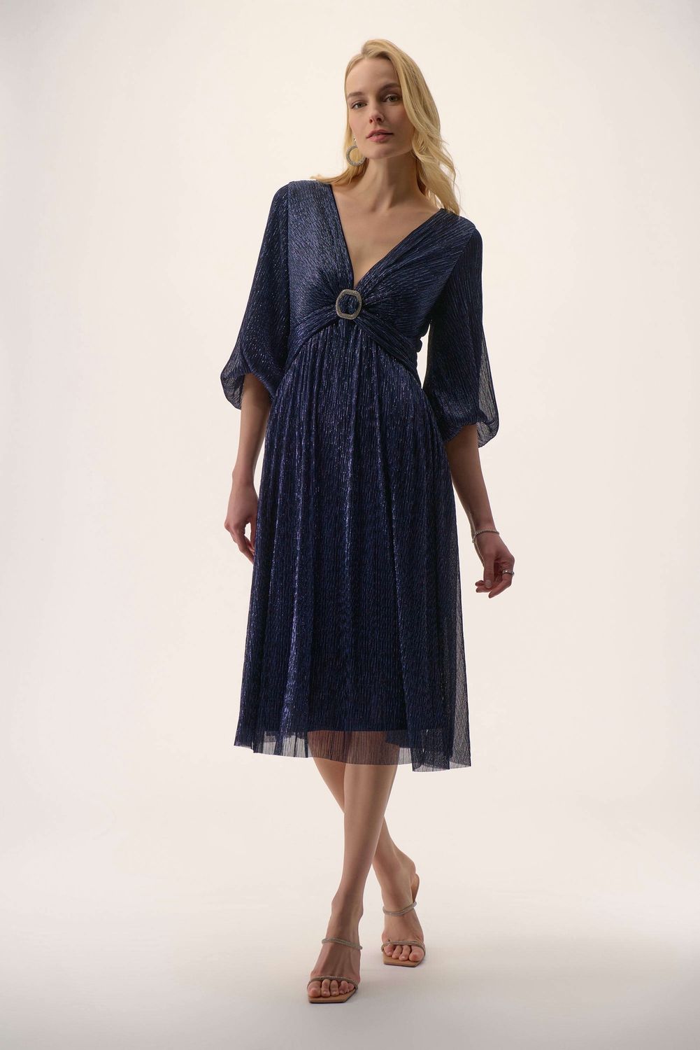 Joseph Ribkoff Signature | Sparkle Mesh Plissé Fit and Flare Midi Dress- Navy