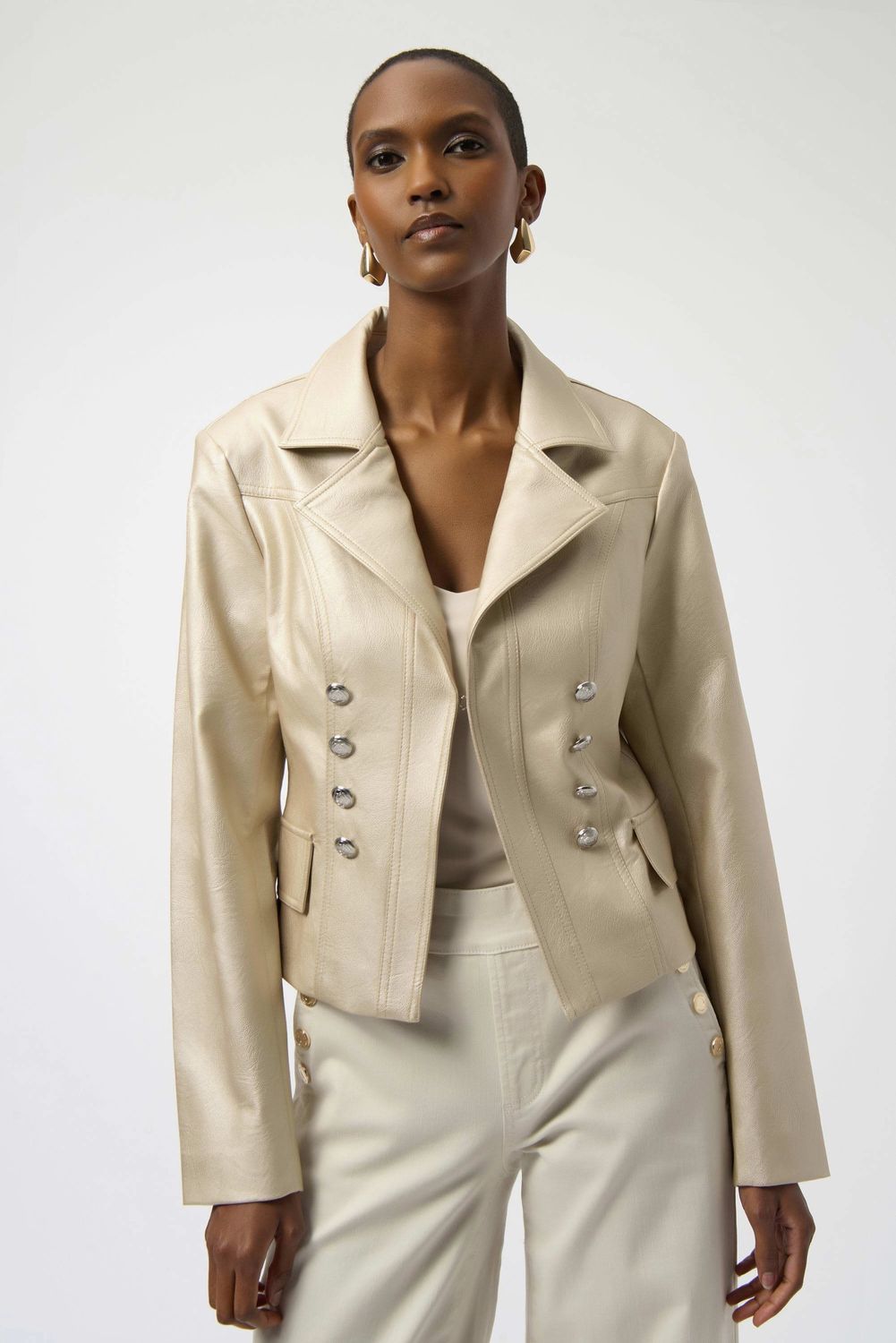 Joseph Ribkoff Leatherette Notched Collar Fitted Jacket- Gold
