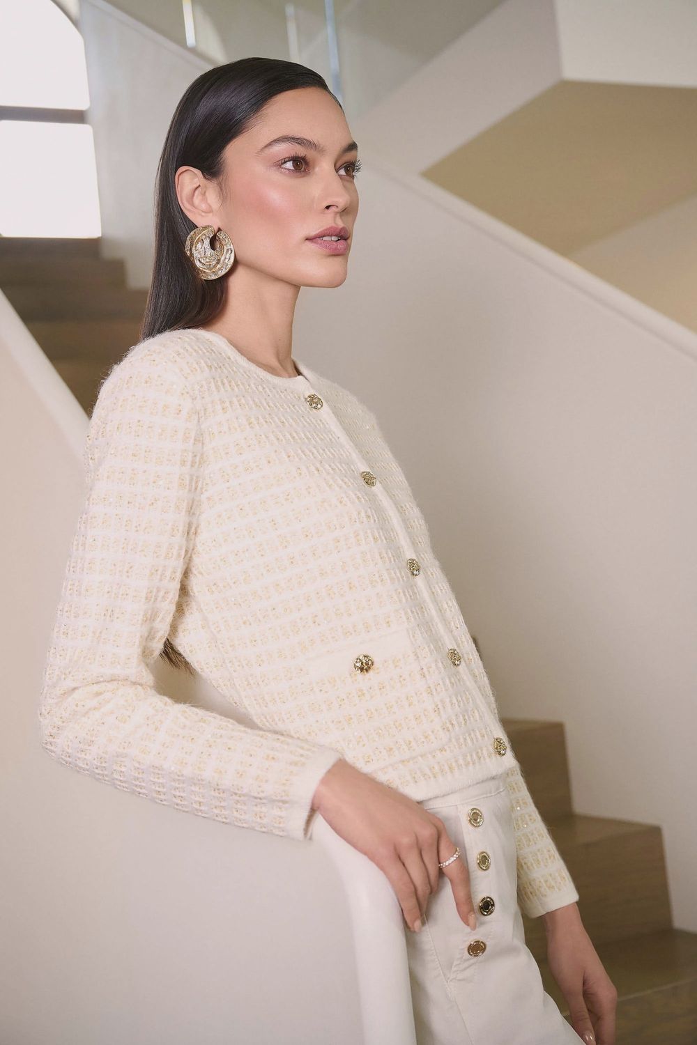 Joseph Ribkoff Sequined Sweater Knit Cardigan with Gold Buttons- Winter White/ Gold