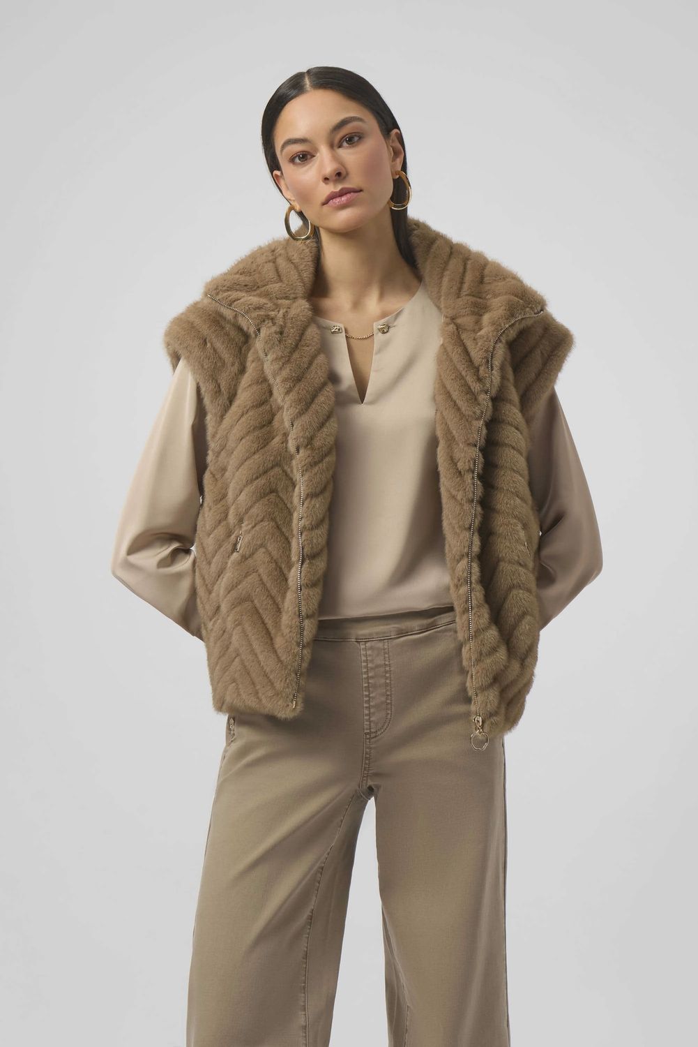 Joseph Ribkoff Mink Chevron Faux Fur Mock Neck Vest