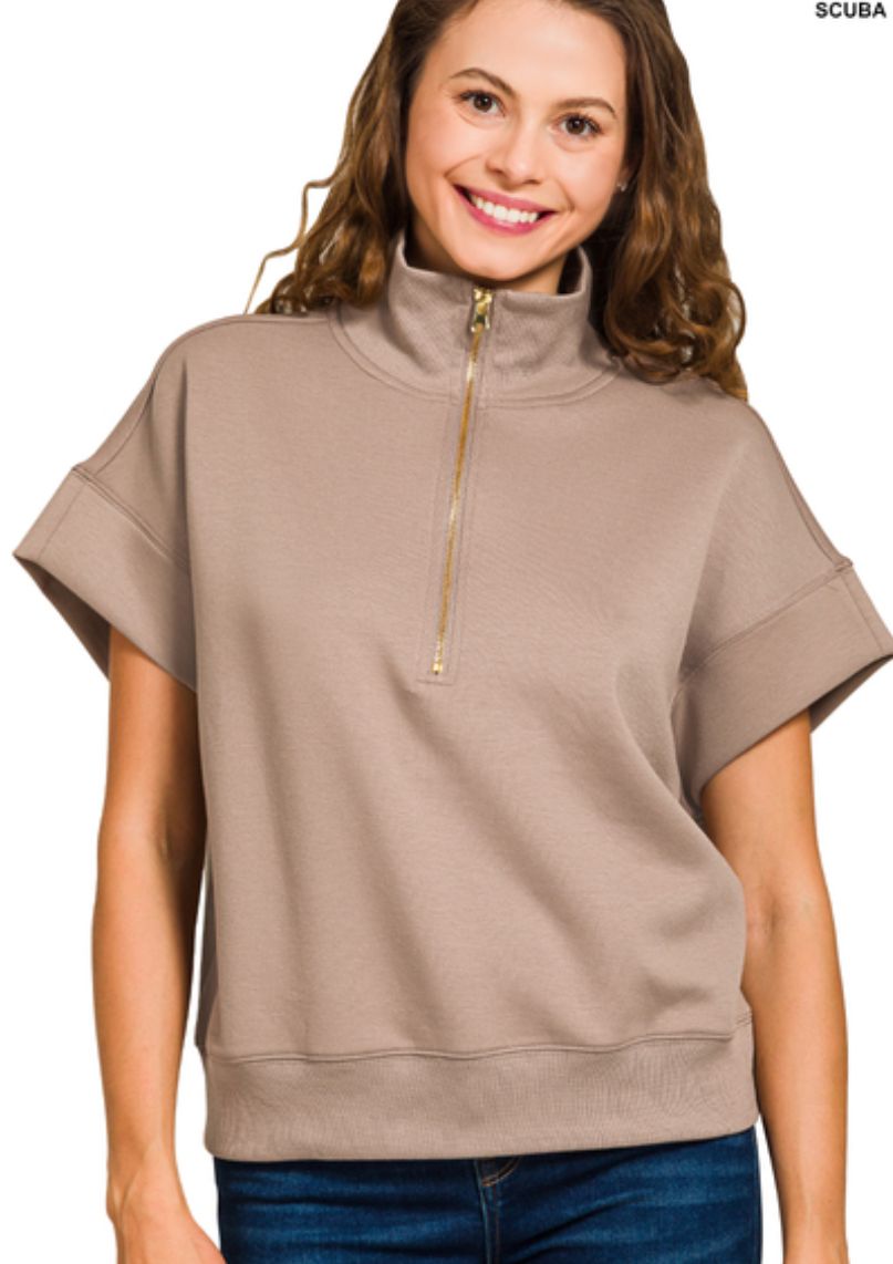 Zenana Cocoa Scuba Half Zip Short Sleeve Pullover