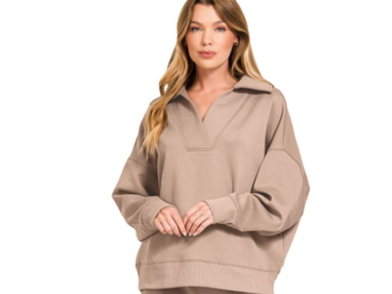 Zenana Scuba Collared Pullover Top- Cocoa