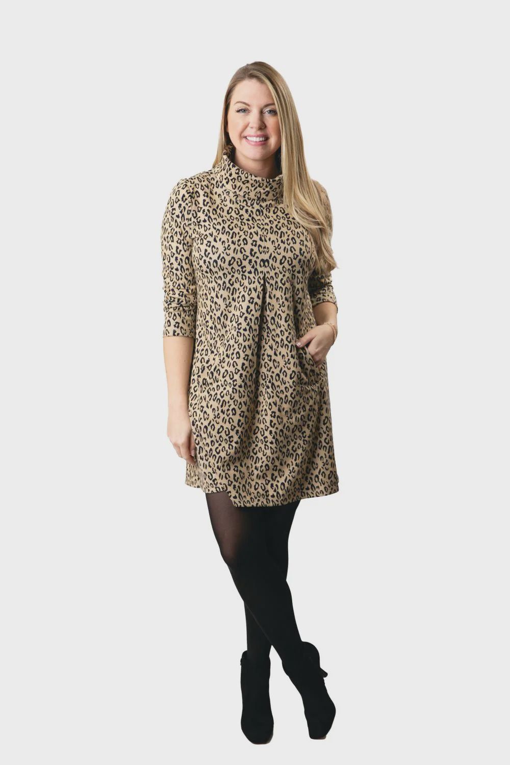 Top it Off The Meghan Dress – 3/4 Sleeve Turtleneck Shift with Front Pleat &amp; Pockets