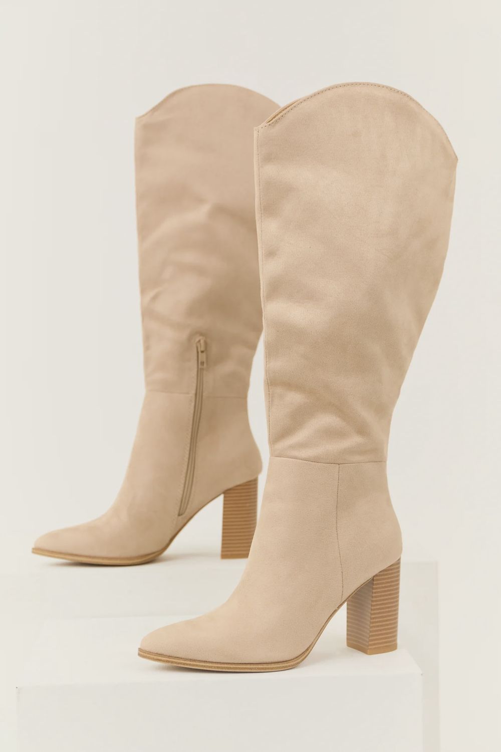 Soda Shoes Faux Suede Block Heel Boots- Clay