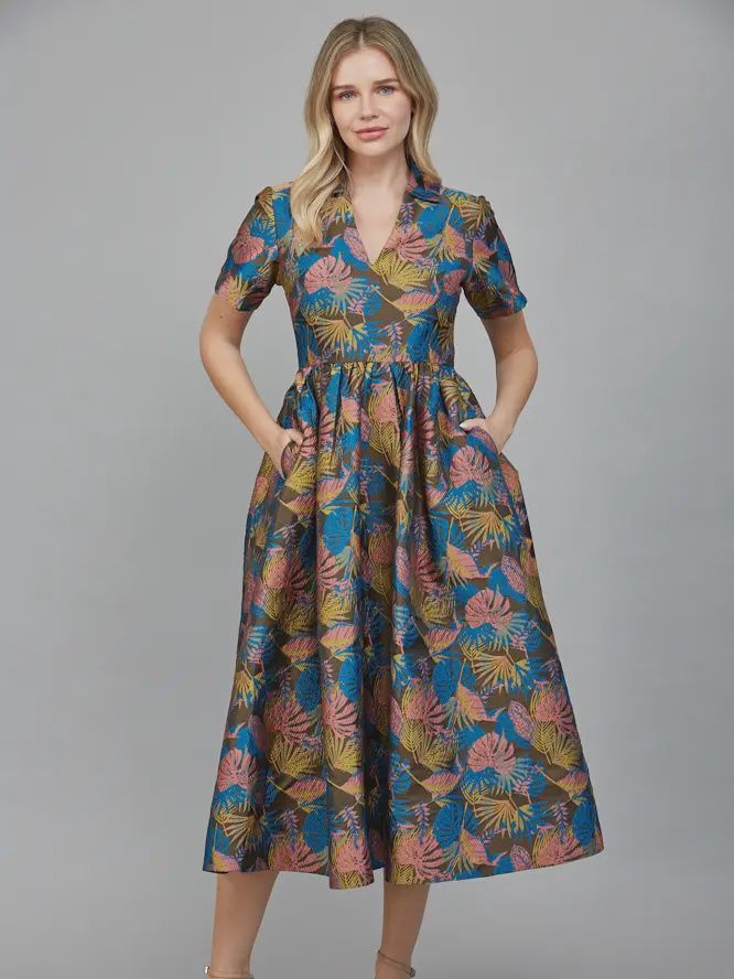 Fate Collared V-Neckline Jacquard Fabric Midi Dress