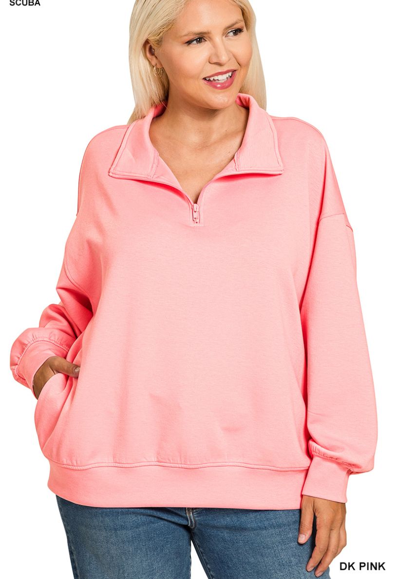 Zenana Scuba Half Zip Plus Size Pullover- Dk Pink