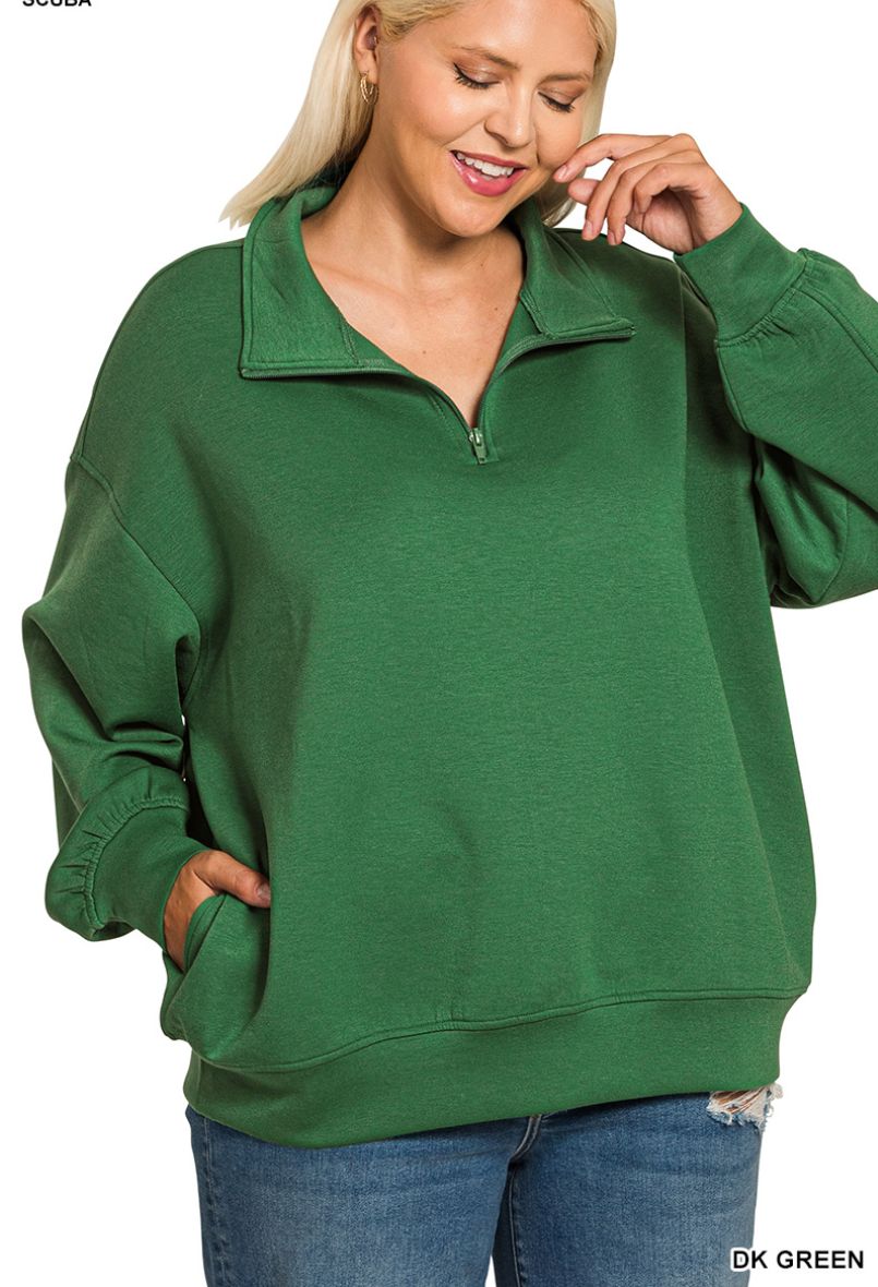 Zenana Scuba Half Zip Plus Size Pullover- Dk Green