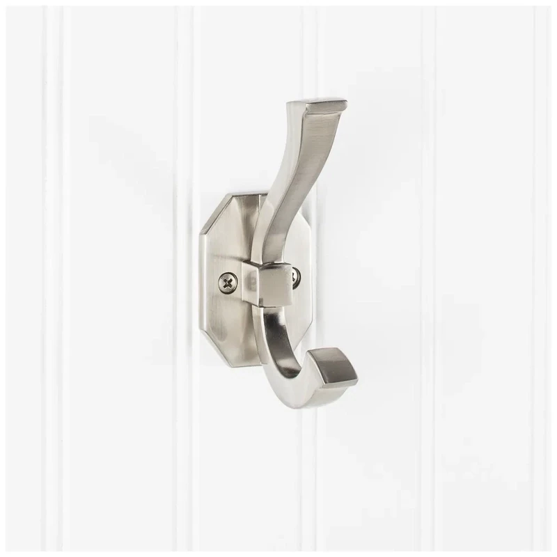 HARDWARE RESOURCES - 4-5/16" Double zinc wall mount decorative coat and hat hook. Includes two 1-1/8" screws. Weight rated up to 35 lbs. Finish: Satin Nickel. YD45-431SN
