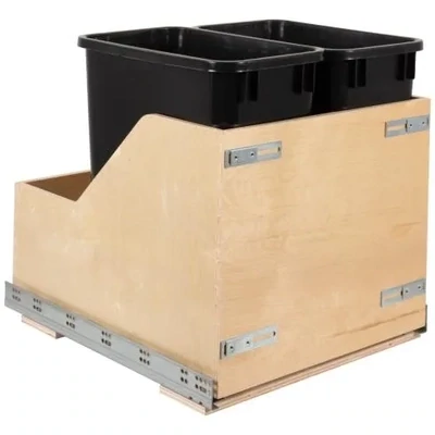 HARDWARE RESOURCES - Double 35 Quart Wood Bottom-Mount Soft-close Trashcan Rollout for Door Mounting, Includes Two Black Cans and Door Joining Bracket CDM-WBMD3521B