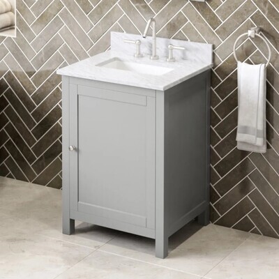 HARDWARE RESOURCES - 24" Astoria Vanity Grey + 25" Vanity Top in White Carrara Marble Finish + Rectangle Sink Bowl + Three Faucet Holes VN2AST-24-GR-NT & TKIT25WCR