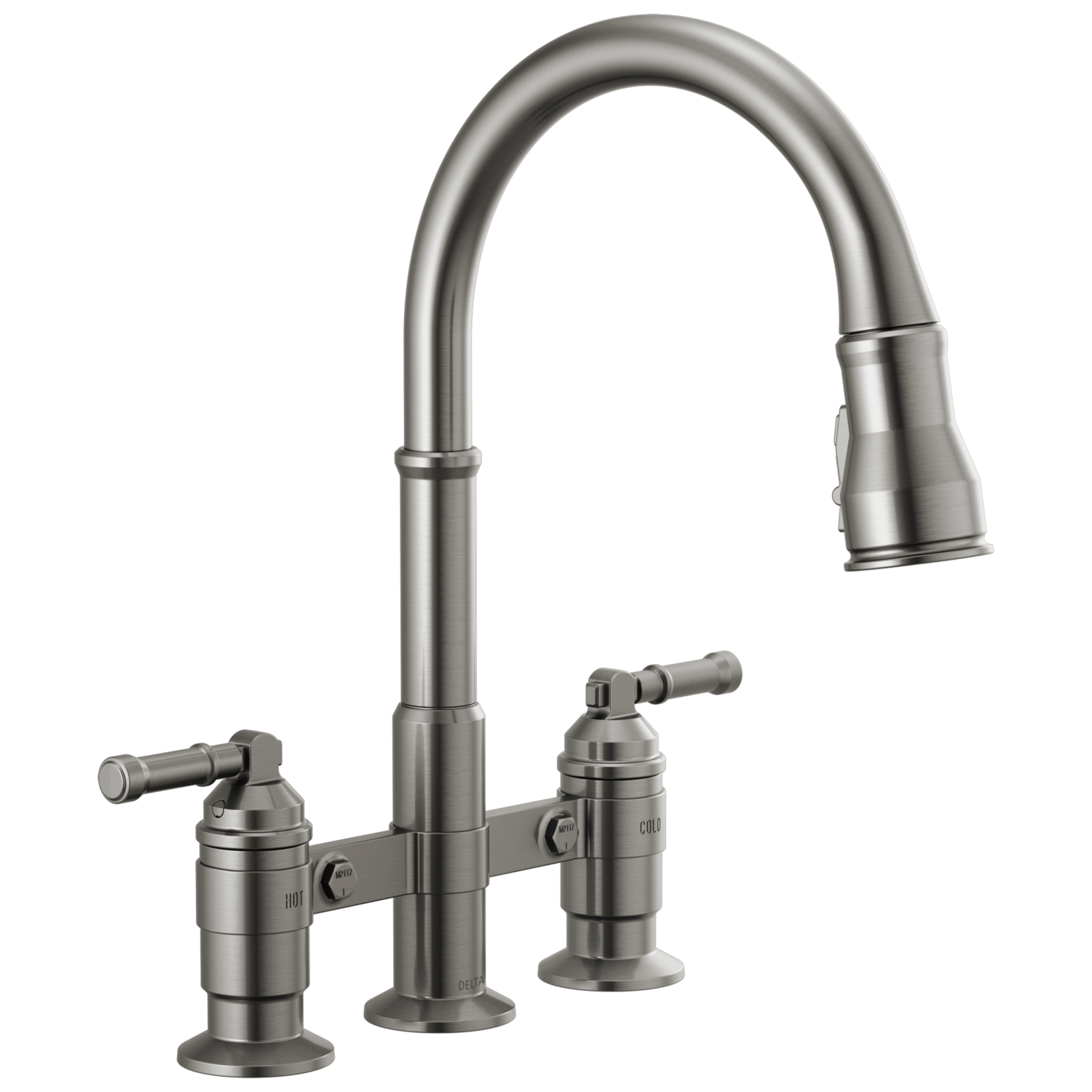 DELTA - Broderick™: Two Handle Pull-Down Bridge Kitchen Faucet Black ...
