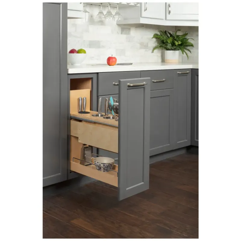 HARDWARE RESOURCES - 8" "No Wiggle" Base Pullout with integrated magnetic wood knife block and four stainless steel utensil bins KBPO-8SC