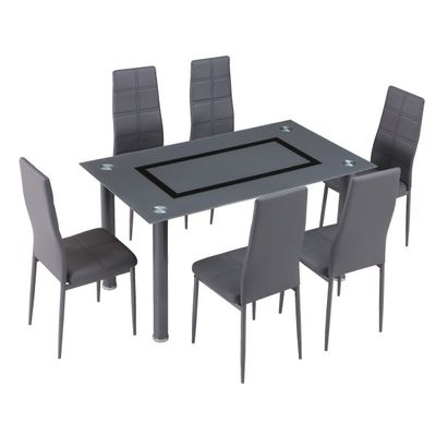 PACK MESA DE CRISTAL + 4 SILLAS DE POLIPIEL GRIS