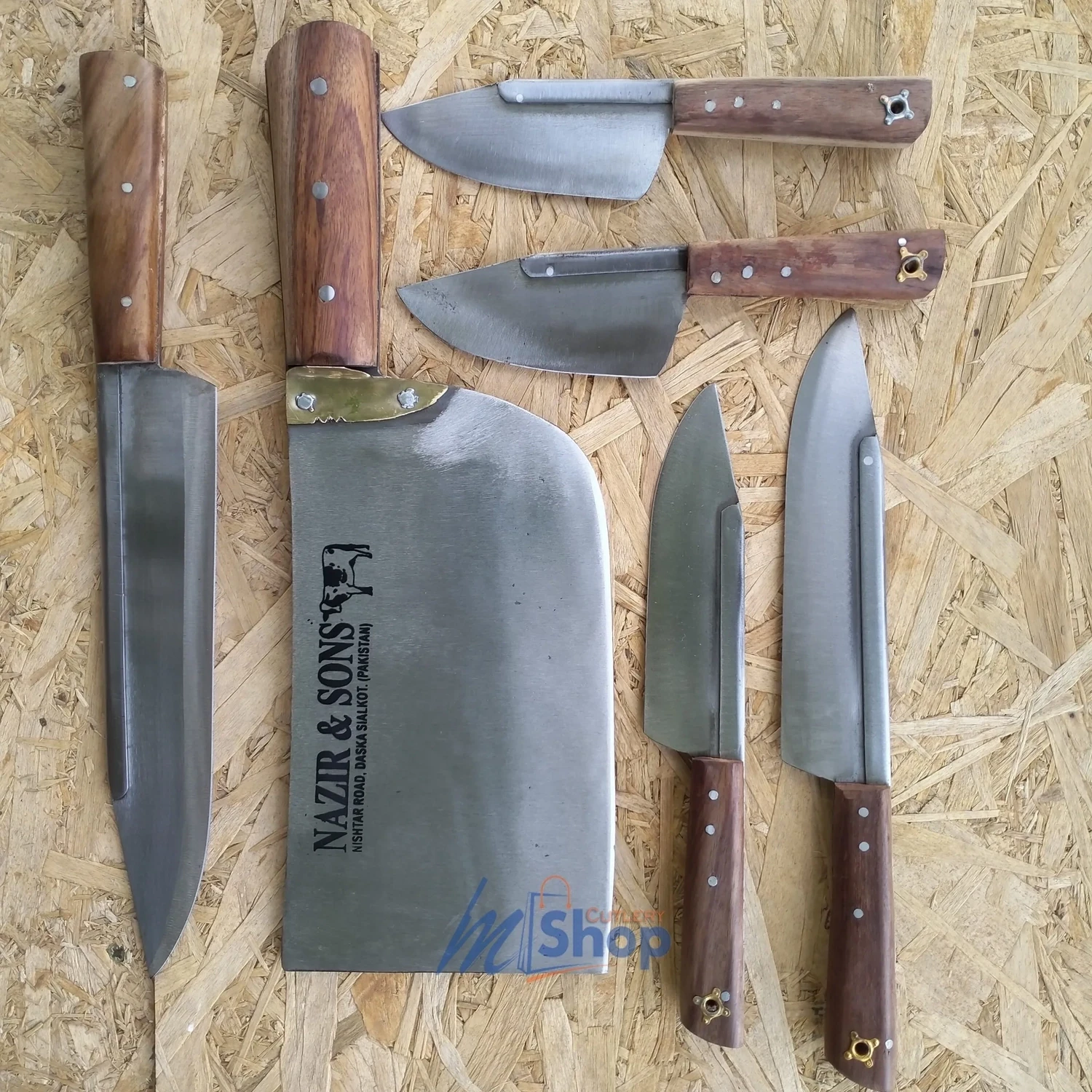 Set of 5, Fender Brown Handle Knives  With Daska Kamani Toka– Quality Butcher Knives – Excellent Professional Chef Knives, Wazirabad Knife Set for Qurbani