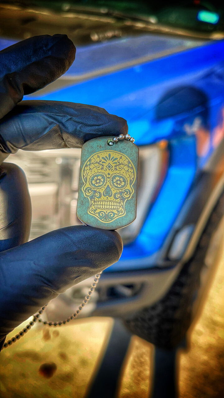 Sugar Skull - Titanium Dog Tag - Green and Gold
