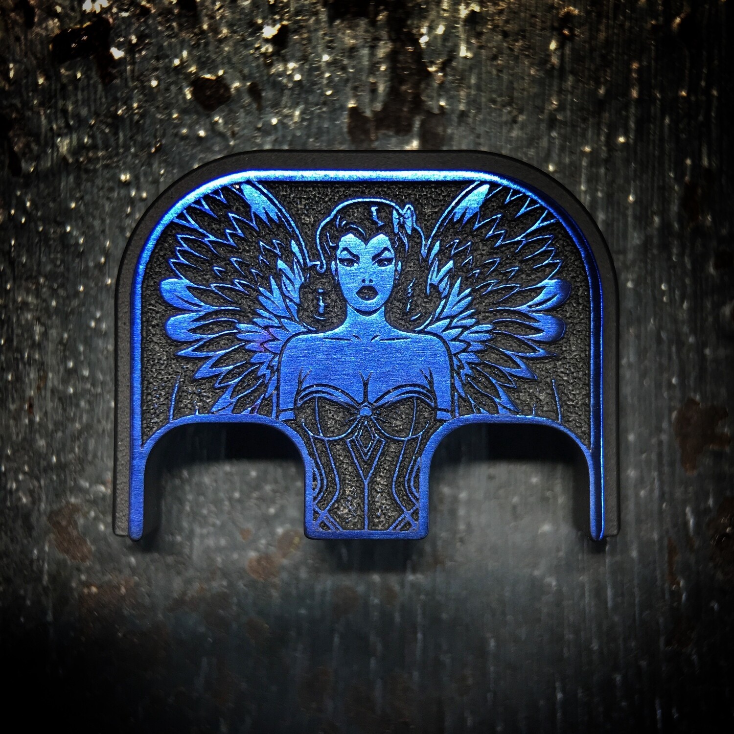 Winged Woman 3D - Titanium - Cerakoted Deep Engraved Blue