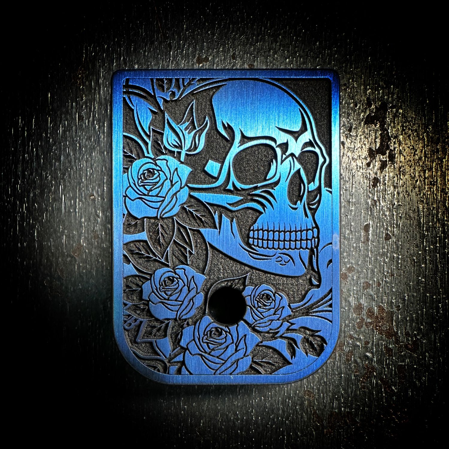 Skull w/ Roses Mag 3D - Titanium - Cerakoted Deep Engraved Blue