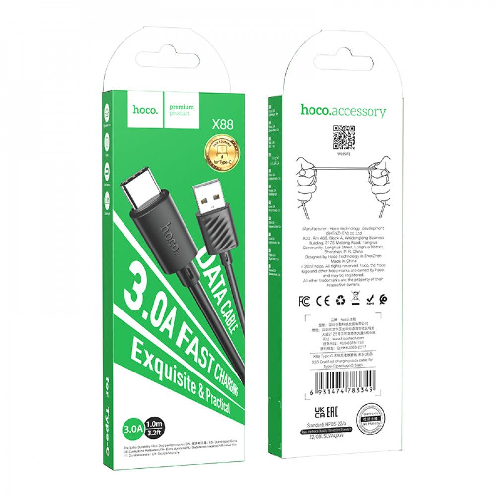 HOCO X88 CAVO DATI RICARICA USB TYPE-C CERTIFICATO NERO