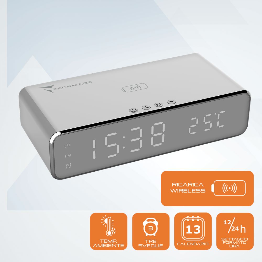 TECHMADE SVEGLIA CON RICARICA WIRELESS 15W SILVER