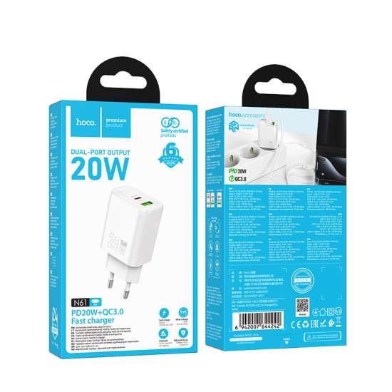 HOCO N61 PD20W+QC3.0 CARICA BATTERIE DA RETE EU WHITE
