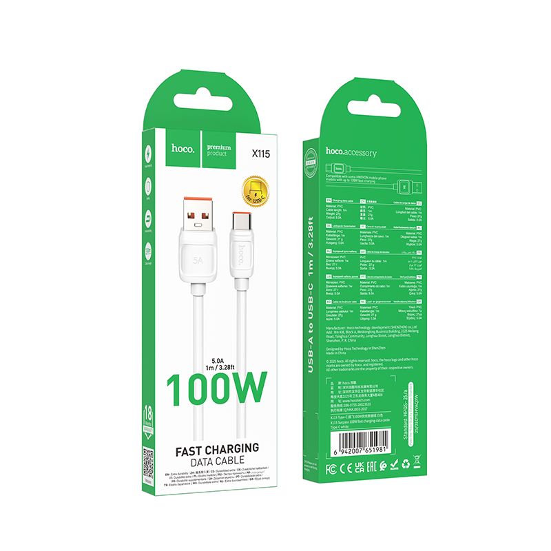 HOCO X115 CAVO DATI 100W 1MT USB TYPE-C FAST CHARGING BIANCO