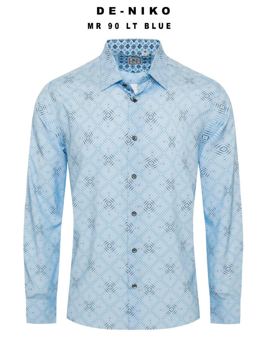 Mens De Niko Light Blue Dress Shirt with Black Diamond Pattern. MR-90