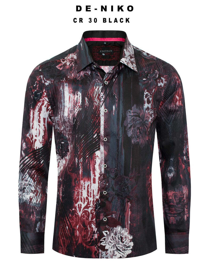 Mens De Niko Black Dress Shirt with White Red Floral Pattern. CR-30