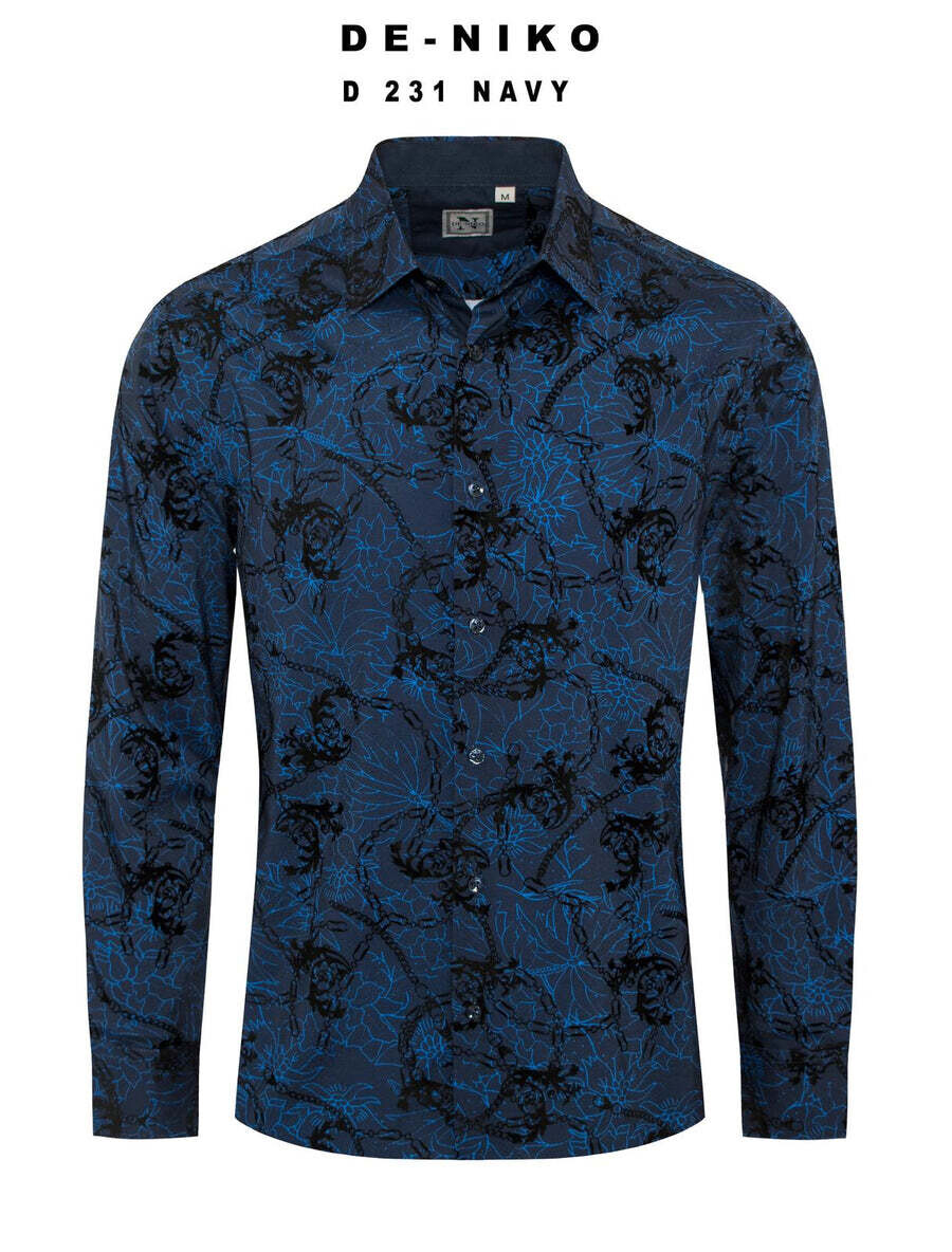 Mens De Niko Navy Dress Shirt with Black Floral Chain Pattern. D-231