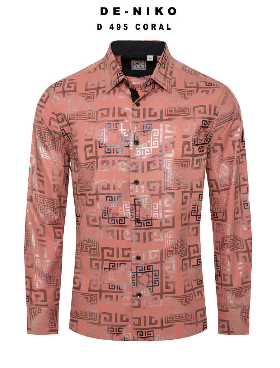 Mens De Niko Coral Dress Shirt with Gray Floral Vines. FO-13
