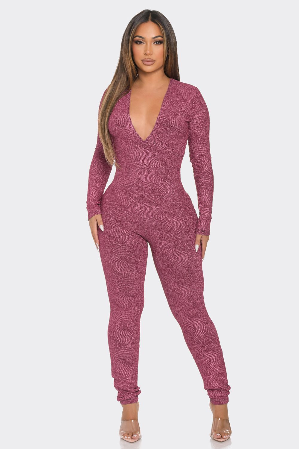 J7459 TEXTURED V NECK JUMPSUIT