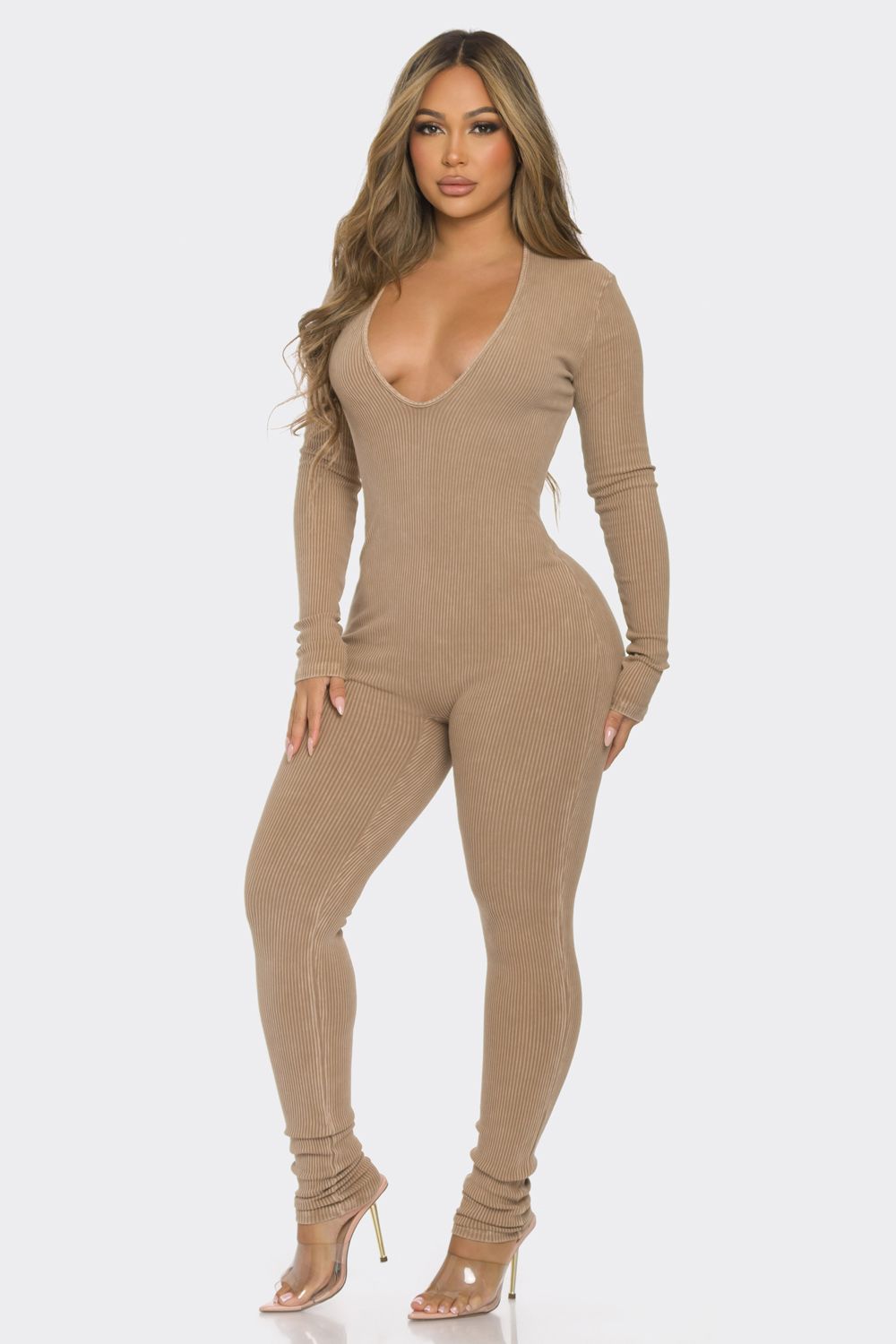 J7358 TAUPE MINERAL WASH V NECK JUMPSUIT