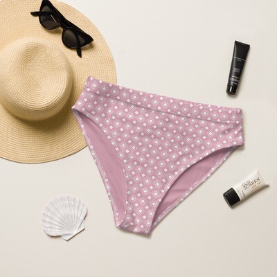 Dusty rose recycled high-waisted bikini bottom with white geometric pattern