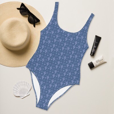 Blue one-piece swimsuit with purple-blue cactus pattern up to 3XL