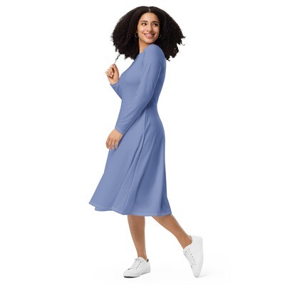 Purple blue long sleeve midi dress with pockets up to 6XL