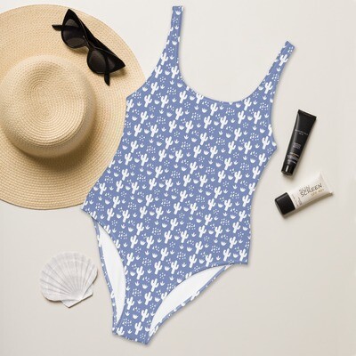 Purple blue one-piece swimsuit with white cactus pattern up to 3XL