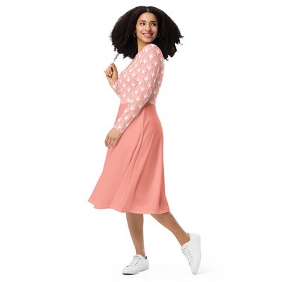 Peach long sleeve midi dress with white pattern up to 6XL
