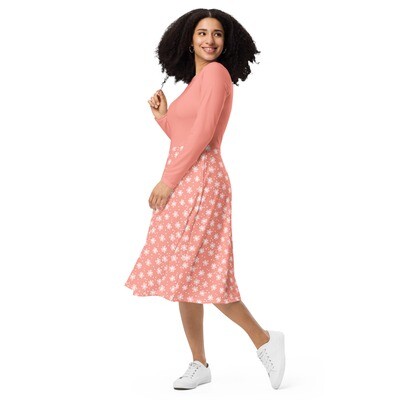 Peach floral long sleeve midi dress with pockets up to 6XL