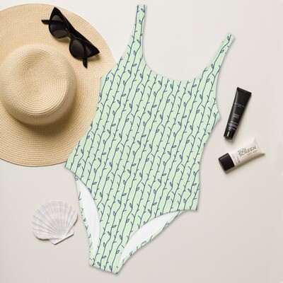 Light green one-piece swimsuit with blue vines up to 3XL