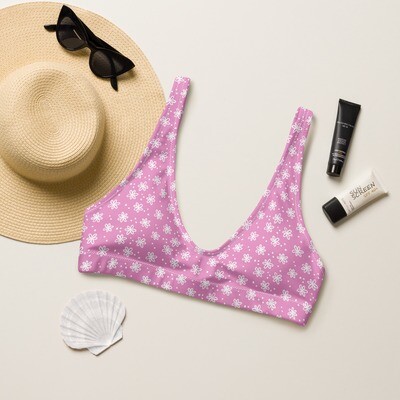 Purple pink recycled padded bikini top with white flowers up to 3XL