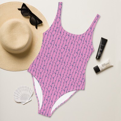 Purple pink one-piece swimsuit with blue vines up to 3XL
